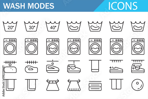 Wash Modes Icons Set Editable Line Vector Laundry Washing Machine Symbols Temperature Settings Fabric Care Cleaning Cycle and Household Appliance Instruction Collection