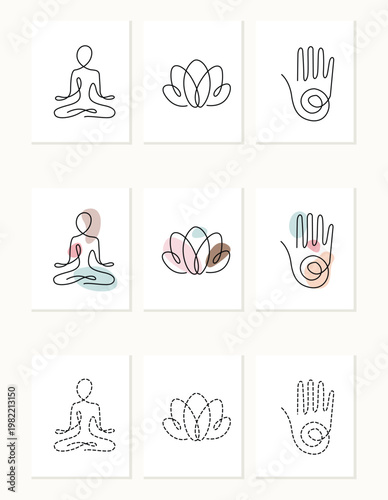 Illustrations of yoga meditation poses and mudras in three different styles Vector