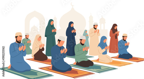 Group of Muslims praying together on rugs with mosque silhouette background art