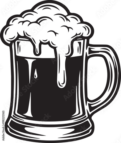 Cartoon vector illustration of a cold glass mug of lager beer with frothy foam for a pub celebration or Oktoberfest party icon design.