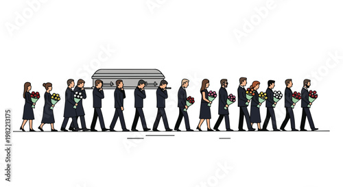 Solemn funeral procession with pallbearers and mourners carrying flower bouquets