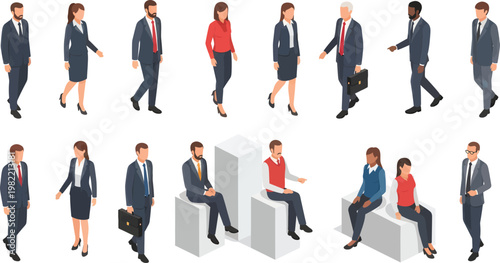 Set of diverse isometric business people walking and sitting on white blocks