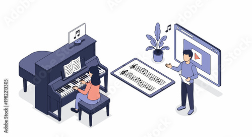 Online Piano Lesson Concept: Isometric Illustration of a Student Learning Music via Video Tutorial with a Teacher