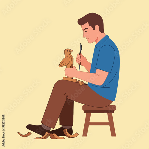 Man sitting on a stool, meticulously carving a wooden bird with a sharp chisel