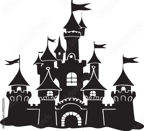 Cartoon style medieval castle at night on a black background with towers and fantasy fairytale design.