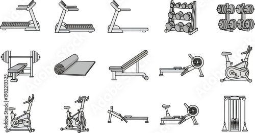 Set of Flat Vector Icons Representing Various Professional Gym and Fitness Equipment