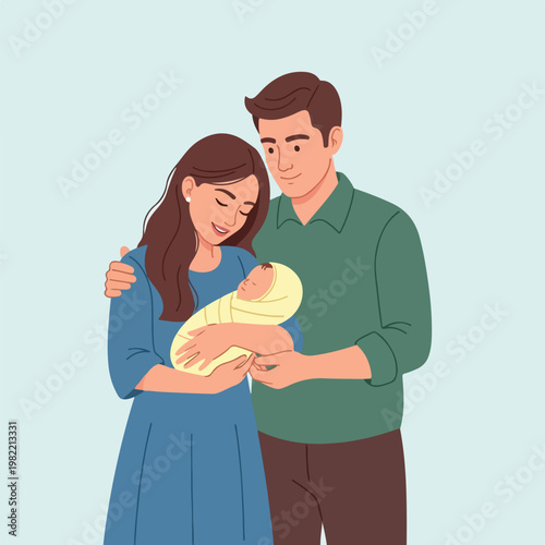 A happy couple cradles their swaddled newborn baby in a flat vector illustration