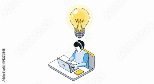 Man Working on Laptop with Glowing Lightbulb Over Head Symbolizing Creative Idea, Innovation, and Inspiration in Workspace Illustration