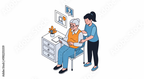 Isometric Illustration of a Caregiver Assisting an Elderly Woman in a Wheelchair Using a Digital Tablet for a Video Call