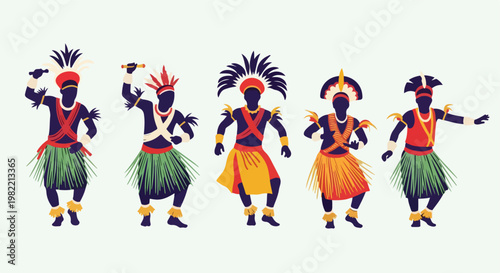 Five diverse tribal dancers in colorful costumes and feather headdresses dancing