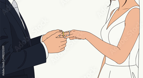 Minimalist illustration of a groom placing a ring on a bride's hand at a wedding