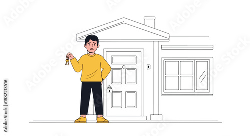 Worried man holding keys stands before a padlocked house door in line art style