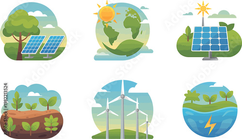 Ecology and renewable energy concept with solar panel, wind turbine, earth globe, plants, and sun. vector illustration