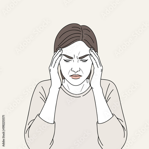 Stressed woman holding her head in pain with eyes closed, line art illustration