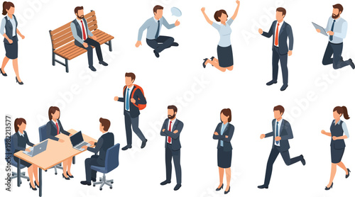 Set of isometric business people characters in various professional poses and daily activities
