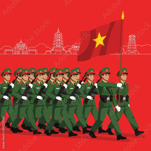 Green uniformed soldiers marching with rifles and a red flag on a red background