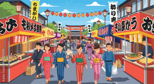 People in traditional yukatas stroll through a vibrant Japanese festival street