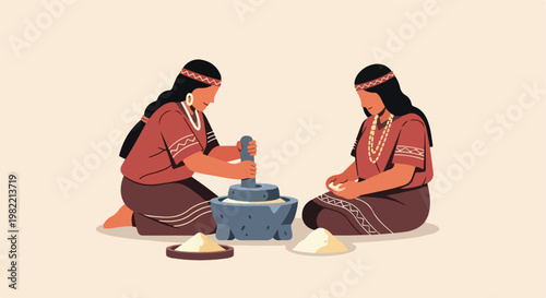 Two indigenous women grinding corn with a mortar and pestle in traditional garb