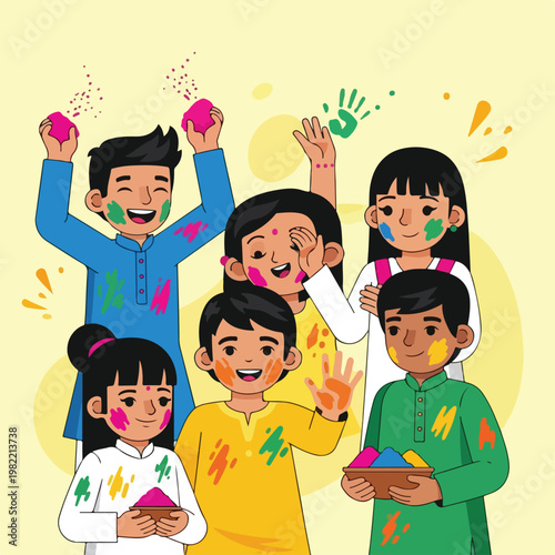 Joyous group of young people celebrating the Holi festival with vibrant powders