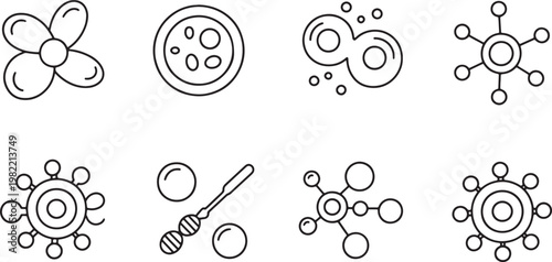 Microbiology and cell structure thin line icons set showing biology research laboratory science and molecular patterns. vector illustration