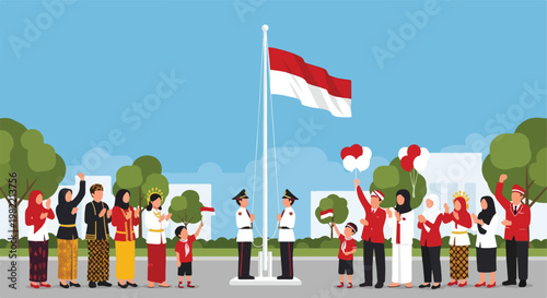 Indonesians in ethnic attire celebrate at a flag hoisting ceremony at city park