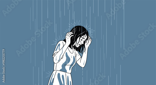 A woman crying in rain with her head in her hands, simple line art illustration