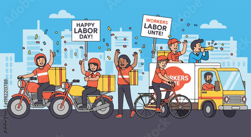 Happy, diverse workers celebrate Labor Day in an urban parade with yellow trucks