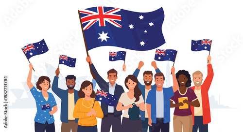Smiling diverse crowd waving Australian flags with Sydney Opera House background