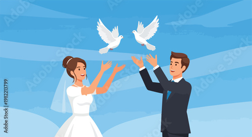 Wedding couple in formal attire releasing two white doves into a clear blue sky