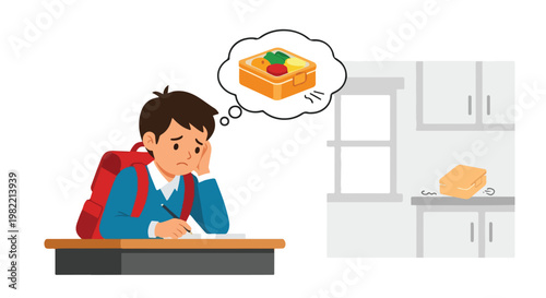 Sad schoolboy at desk thinking about forgotten lunchbox left on kitchen counter