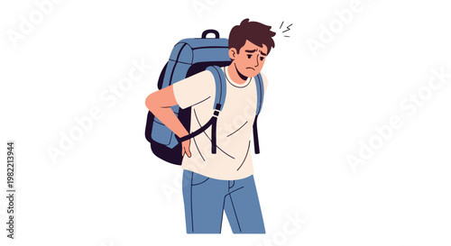 Illustration of a young man struggling to carry a heavy oversized blue backpack