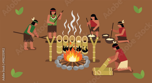 Indigenous group cooking food in bamboo over a campfire in flat vector style