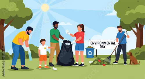 Diverse group of volunteers cleaning up a city park for Environmental Day event