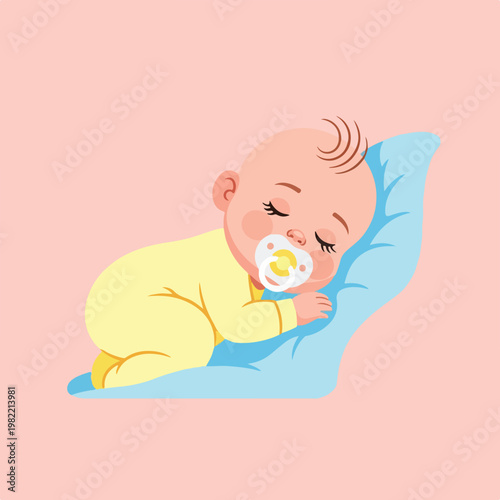 A cute cartoon infant in yellow pajamas sleeping on a blue pillow with pacifier