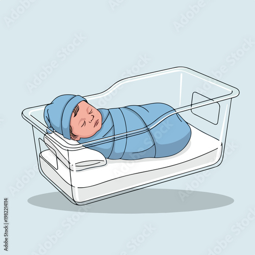 Illustration of a newborn baby sleeping in a hospital bassinet swaddled in blue