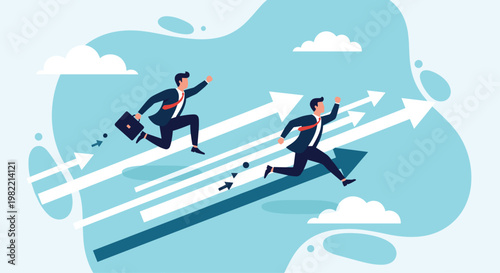 Two competitive businessmen running on upward pointing arrows in a race to achieve corporate success and reaching financial growth targets.