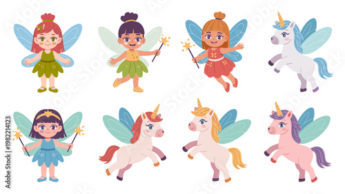 Cute Fairies and Unicorns Vector Set Magical Fantasy Characters Collection