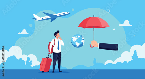 Traveler with a suitcase standing under a large umbrella held by a giant hand as an airplane flies above symbolizing travel insurance and protection.