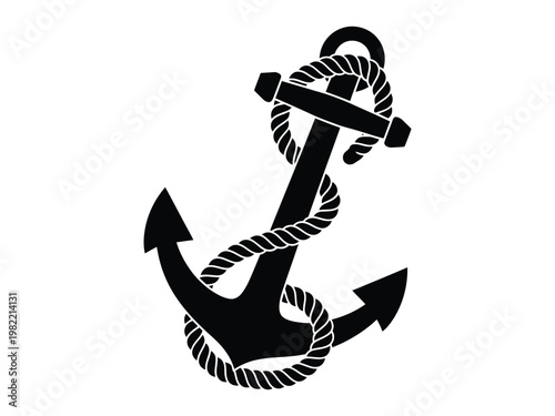Anchor wrapped in rope appears as a bold black nautical emblem against a solid white backdrop.