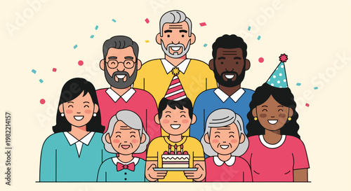 Diverse happy multi-generational group celebrating birthday with cake, confetti