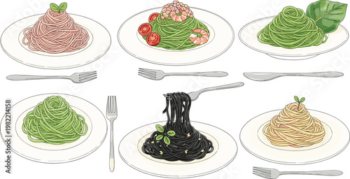 Spaghetti Pasta Dishes Collection with Pesto Black Squid Ink and Cream Sauce Variations Italian Cuisine Food Illustration Set for Restaurant Menu Design