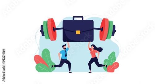 Strong businessman and businesswoman together lifting a massive briefcase shaped like a barbell representing teamwork and heavy workload management.