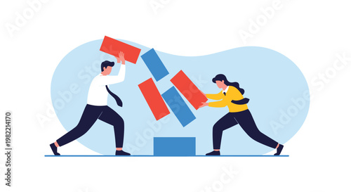 Business colleagues working together to catch falling colorful blocks to prevent a crash representing crisis management and project stability.