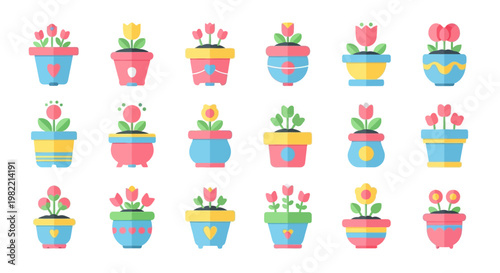 Cute cartoon plants in pots watering themselves with cute faces