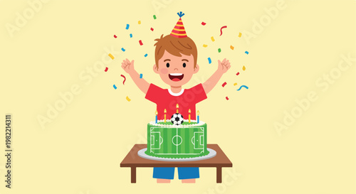 Cheerful young boy celebrating a birthday with a soccer field cake and confetti