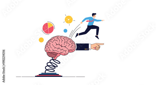 Dynamic man jumping off a giant brain mounted on a spring representing mental agility, creative brainstorming, and launching new innovative ideas.