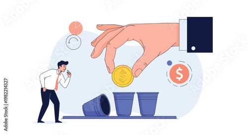 Cautious businessman watching a giant hand play a shell game with gold coins and cups representing financial risks, scams, and market uncertainty.