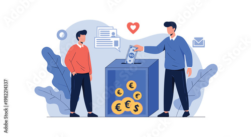 Generous man putting a dollar bill into a donation box while another person looks on representing charity, social responsibility, and giving back.