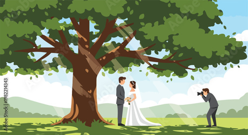 Bride and groom standing under a large tree as a photographer takes their photo