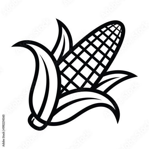 Black and white vector illustration of an ear of corn with husks zea mays sweet corn cob food and drink
